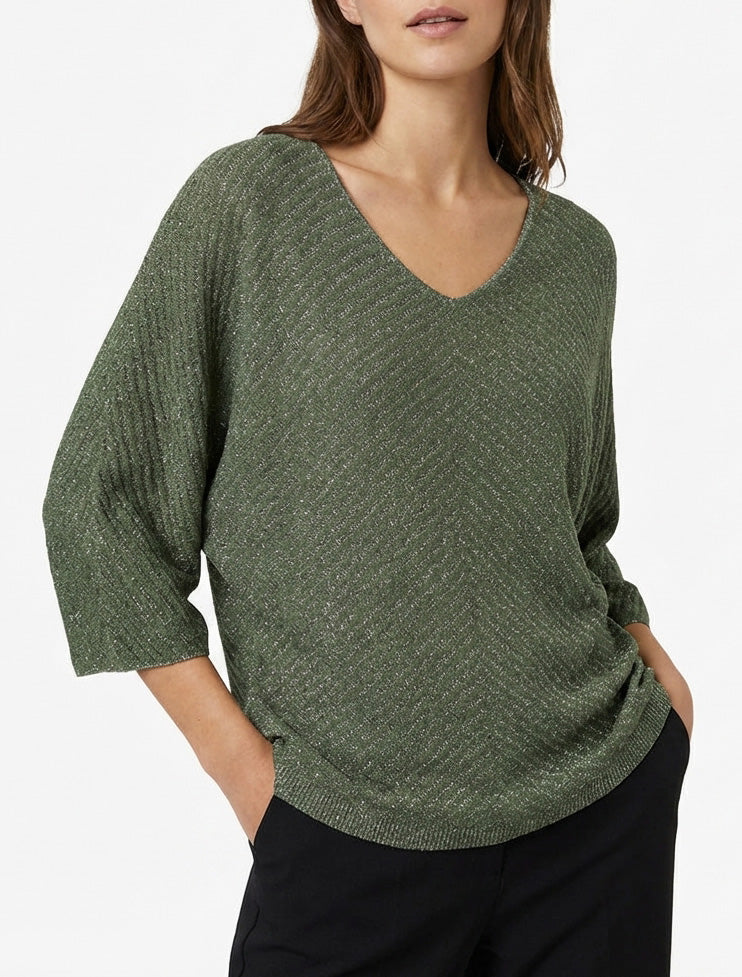 Maglia sottile iridescente con maniche 3/4 - Cachi