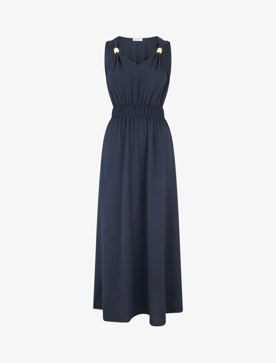 Robe unie à empiècement perles en bois - Marine - 1
