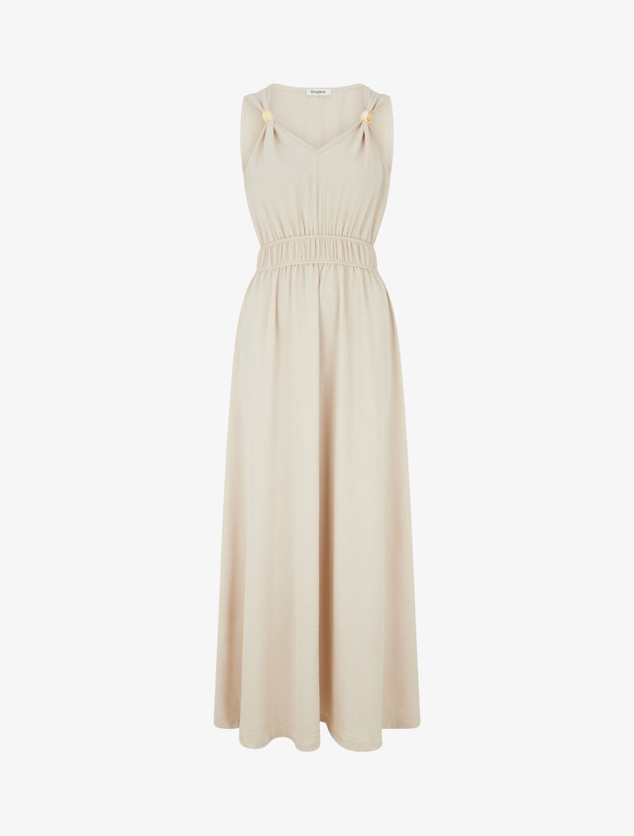 Robe unie à empiècement perles en bois - Beige - 1