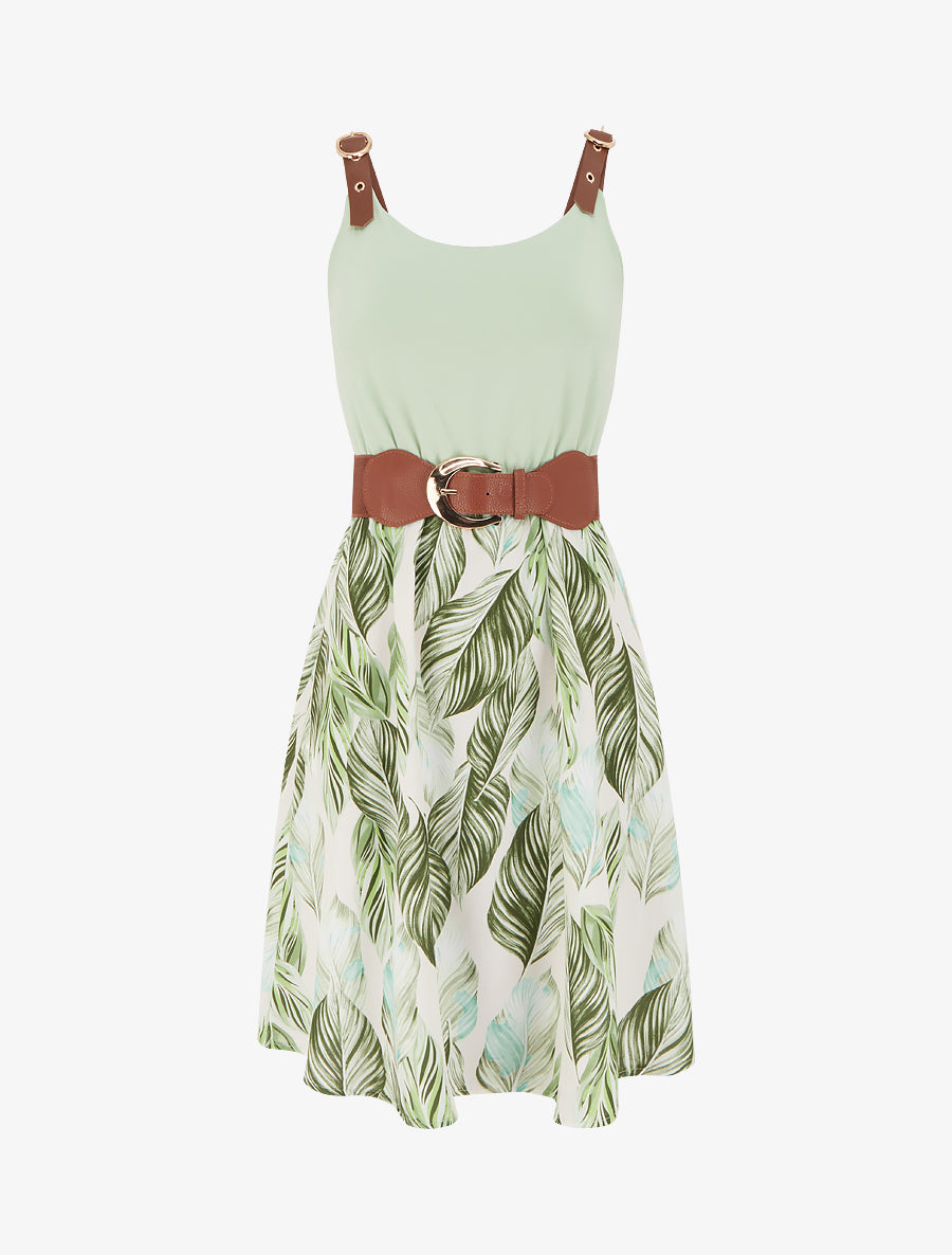 Robe mi-longue imprimée à bretelles en simili - Vert d&