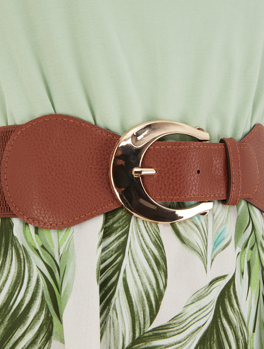 Robe mi-longue imprimée à bretelles en simili - Vert d&