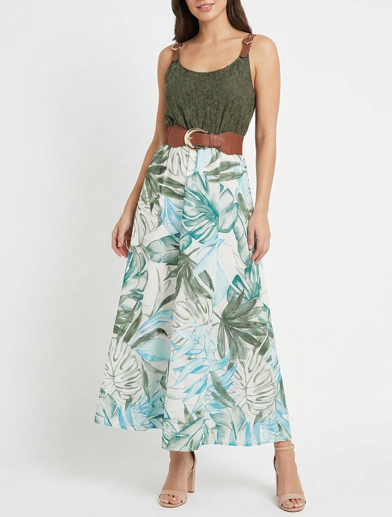 Abito lungo con stampa tropicale e spalline similpelle - Cachi