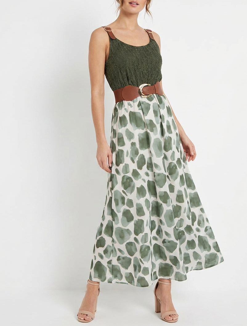Abito lungo con stampa giraffa e spalline similpelle - Cachi