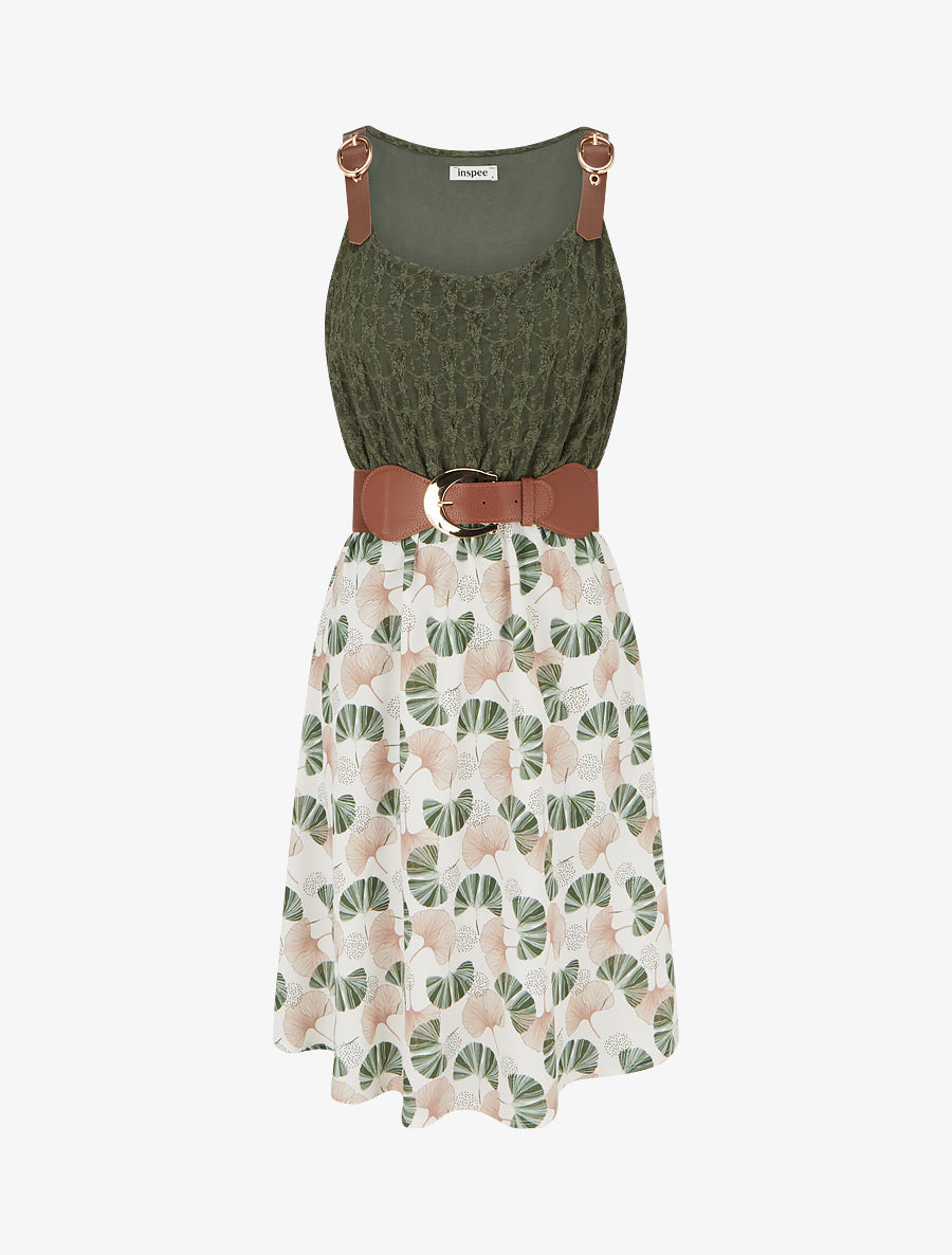 Robe mi-longue imprimé ginkgo et bretelles simili - Kaki - 1