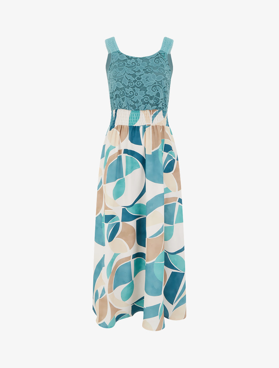 Robe imprimé abstrait à bretelles en crochet - Turquoise - 1