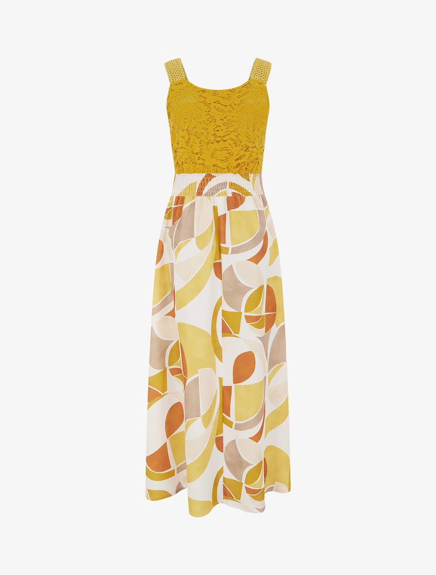 Robe imprimé abstrait à bretelles en crochet - Jaune moutarde - 2