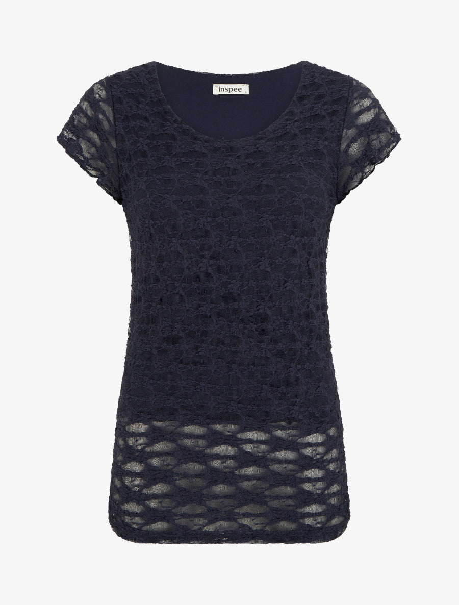 Top uni en dentelle à col rond - Marine - 1