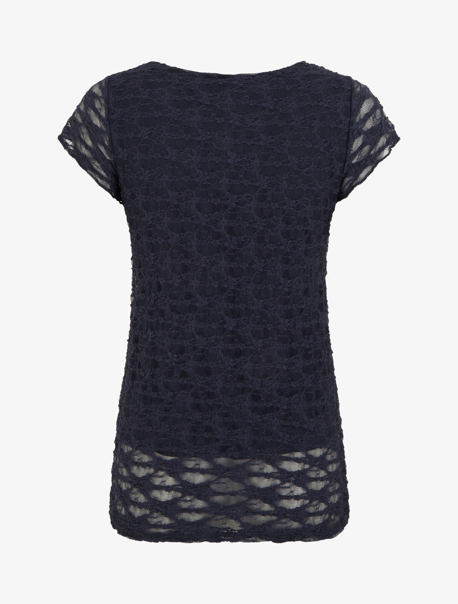 Top uni en dentelle à col rond - Marine - 2