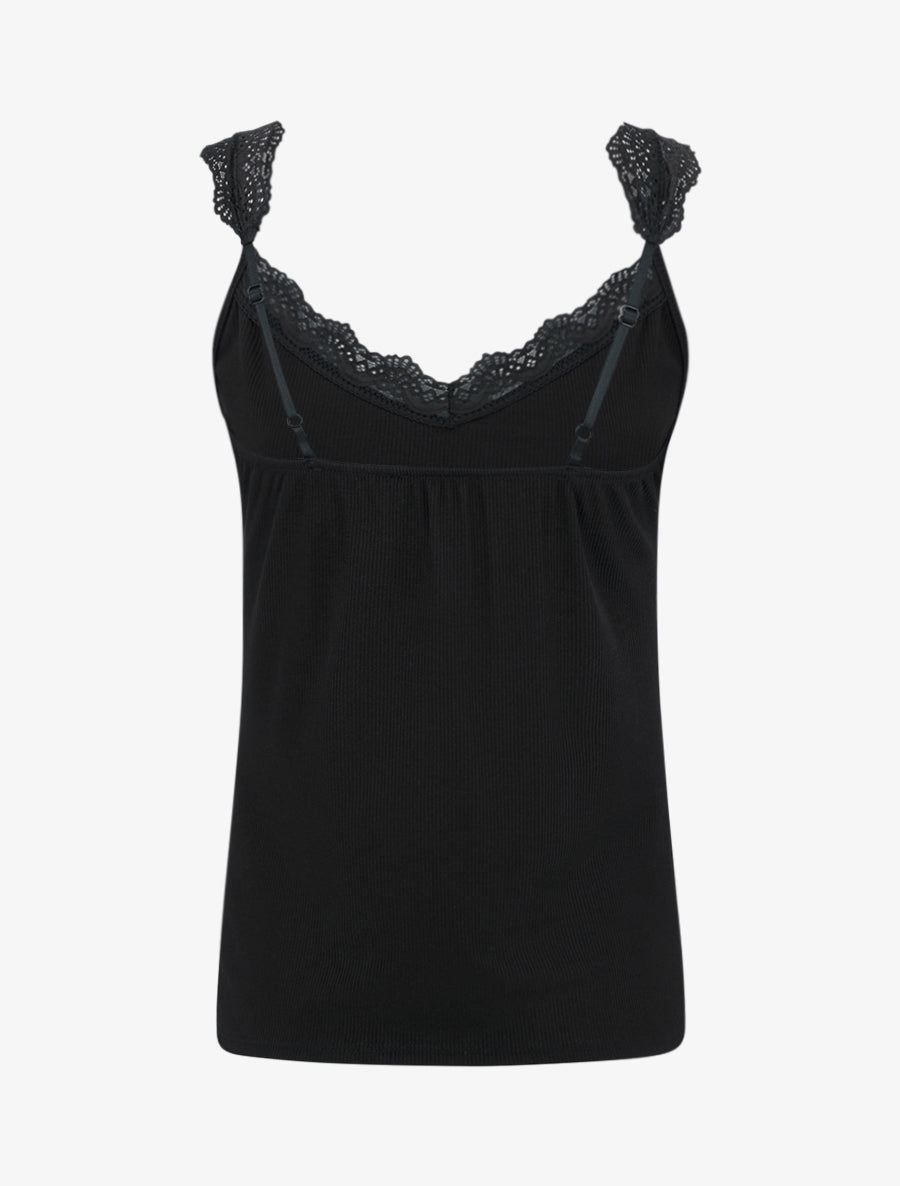 Débardeur côtelé à bretelles en dentelle - Noir - 2