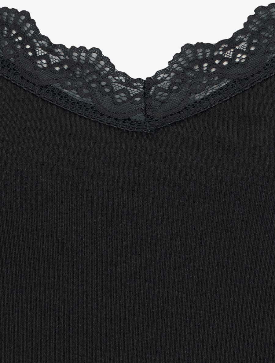Débardeur côtelé à bretelles en dentelle - Noir - 3
