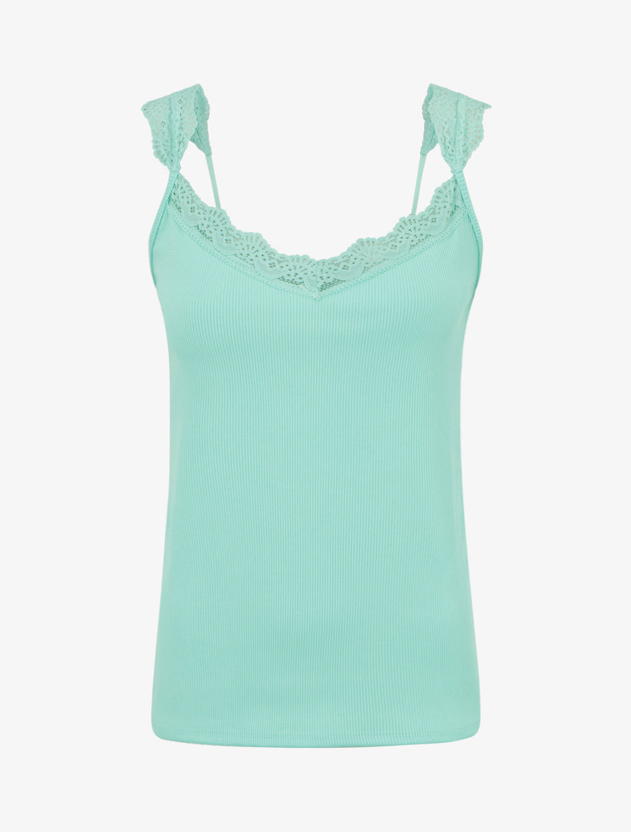 Débardeur côtelé à bretelles en dentelle - Vert d&