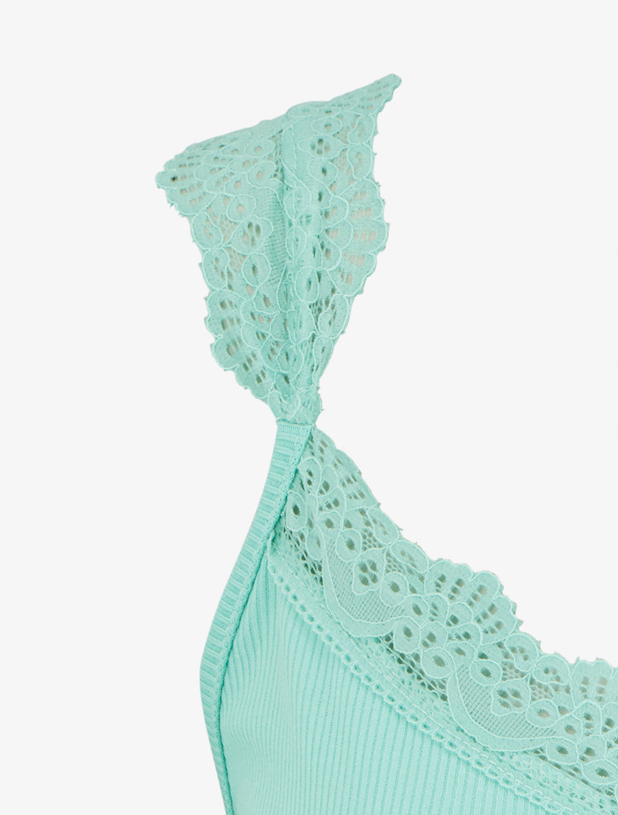 Débardeur côtelé à bretelles en dentelle - Vert d&