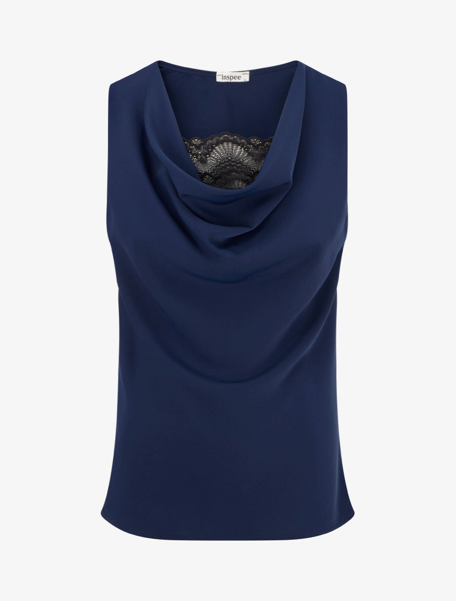 Top sans manches à col bénitier et dentelle - Marine - 1