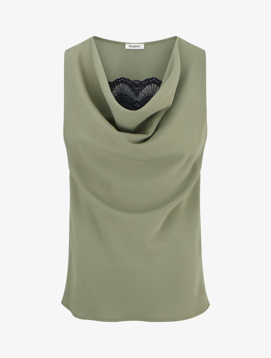 Top sans manches à col bénitier et dentelle - Kaki - 1