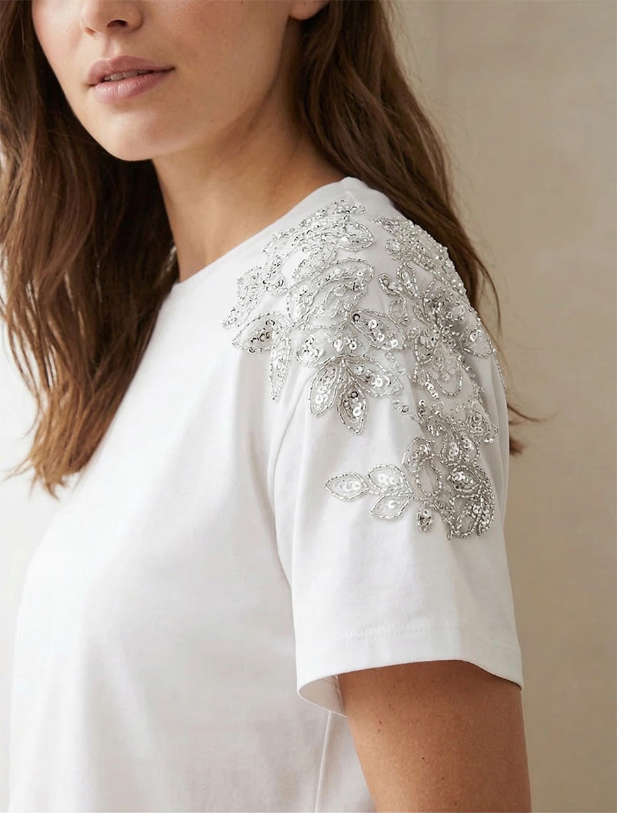 Maglietta a maniche corte con spalle decorate con strass - Bianco