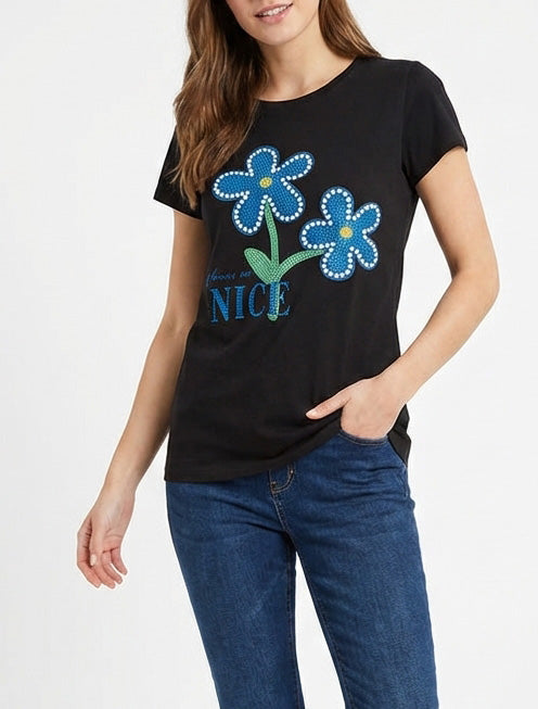 Maglietta con strass e fiori - Nero