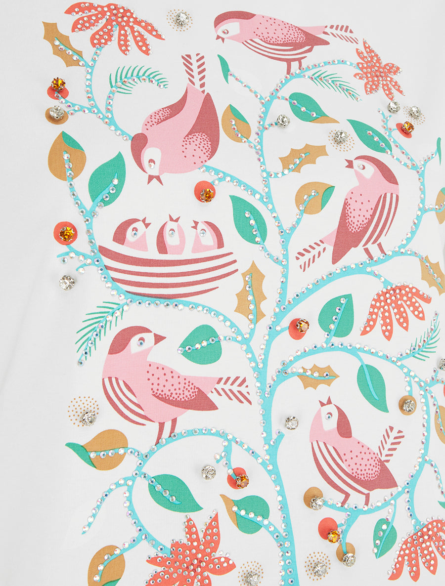 T-shirt à strass et flocage oiseaux - Blanc - 3