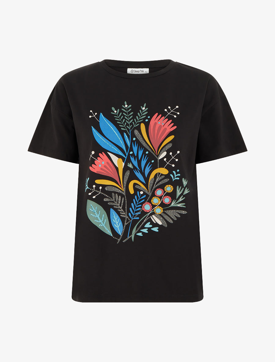 T-shirt à motif floral et strass - Noir - 1