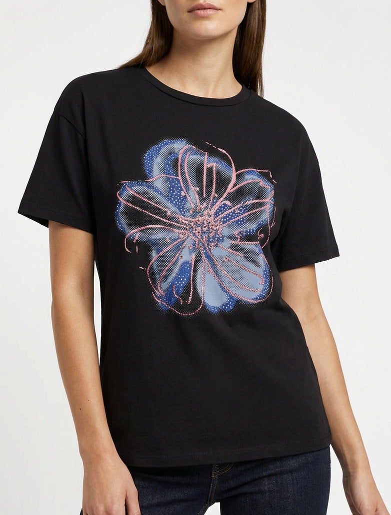 Maglietta con motivo floreale e strass - Nero