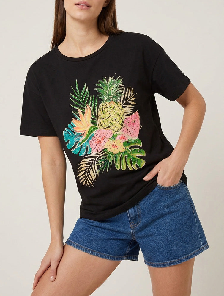 Maglietta stampata con frutta e strass - Nero