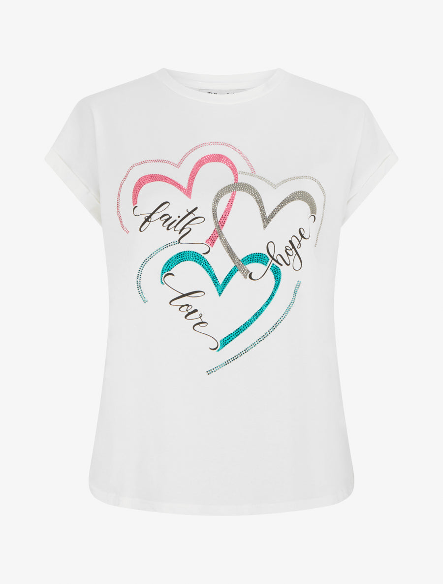 T-shirt floqué et 3 coeurs strassés - Blanc - 1