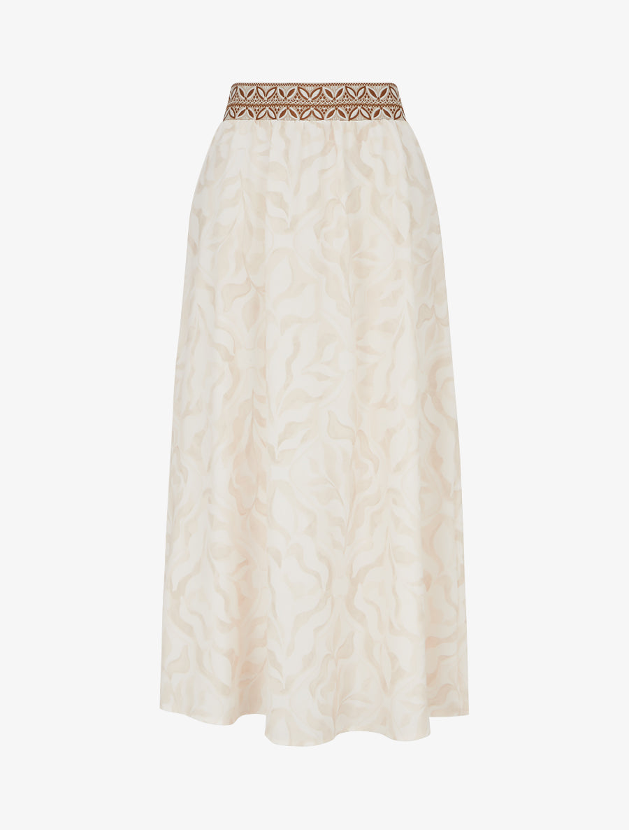 Jupe fluide longue à imprimé feuillage stylisé - Beige - 1