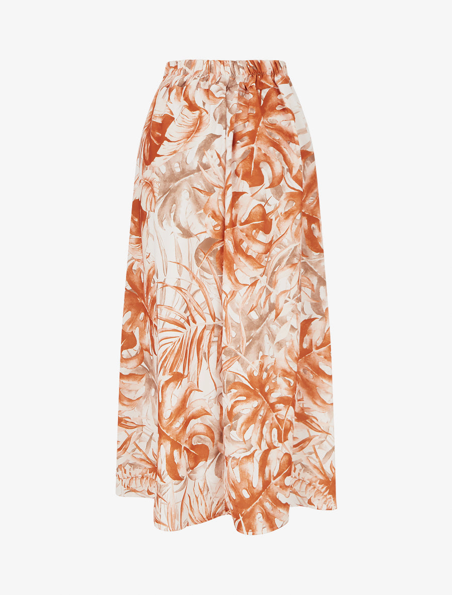 Jupe fluide longue à imprimé feuilles stylisées - Camel - 2