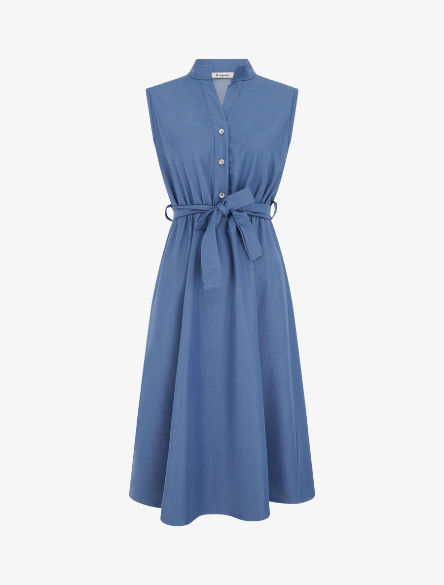 Robe unie élastiquée à buste boutonné - Bleu - 1