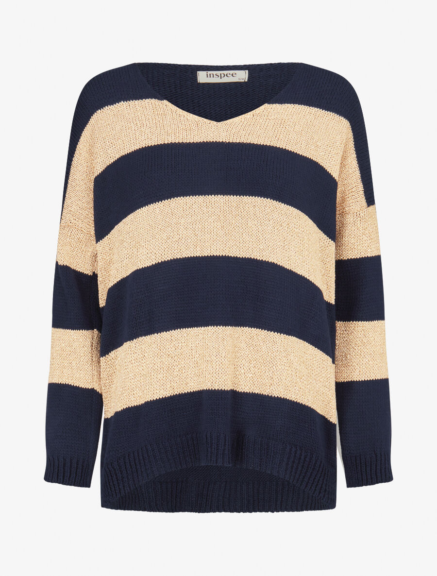 Pull en maille à bandes dorées - Marine - 1