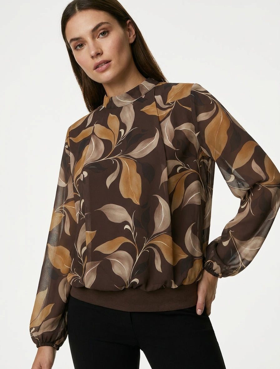 Blusa stampata con fogliame e polsini elasticizzati - Marrone