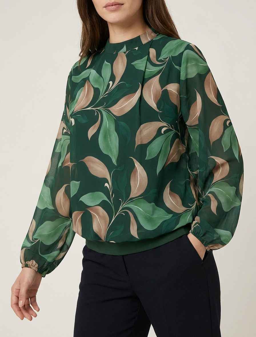 Blusa stampata con fogliame e polsini elasticizzati - Verde abete