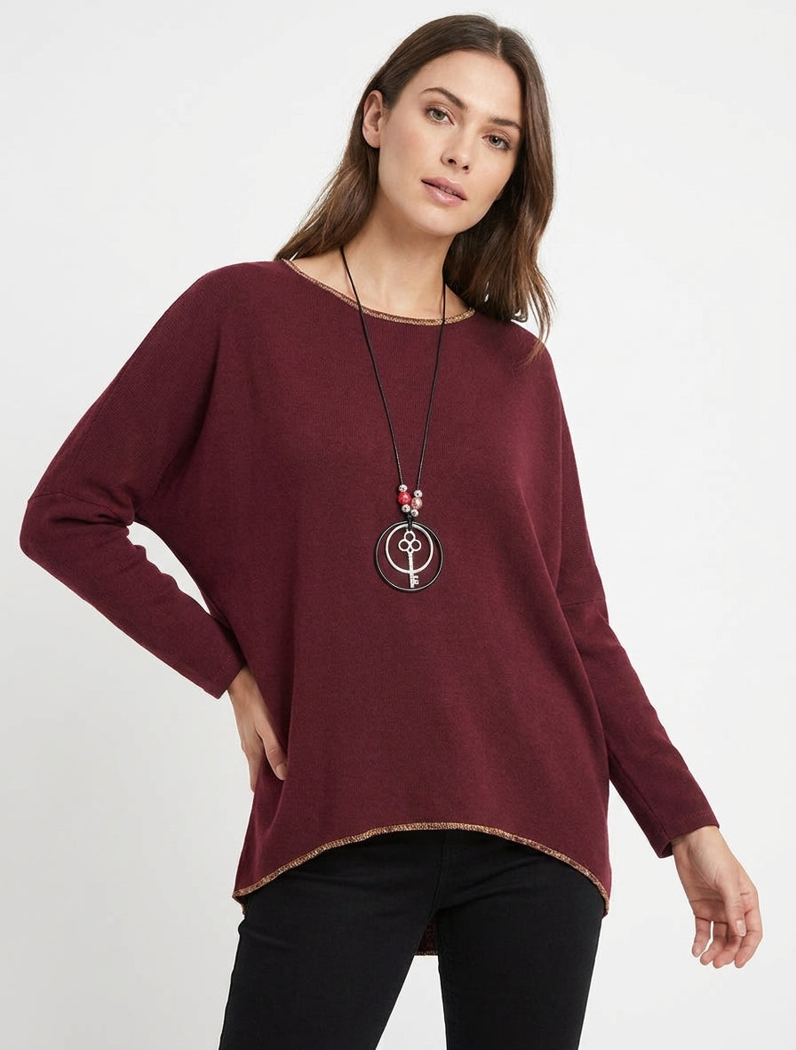 Maglione a tinta unita con maniche a pipistrello lunghe - Bordeaux