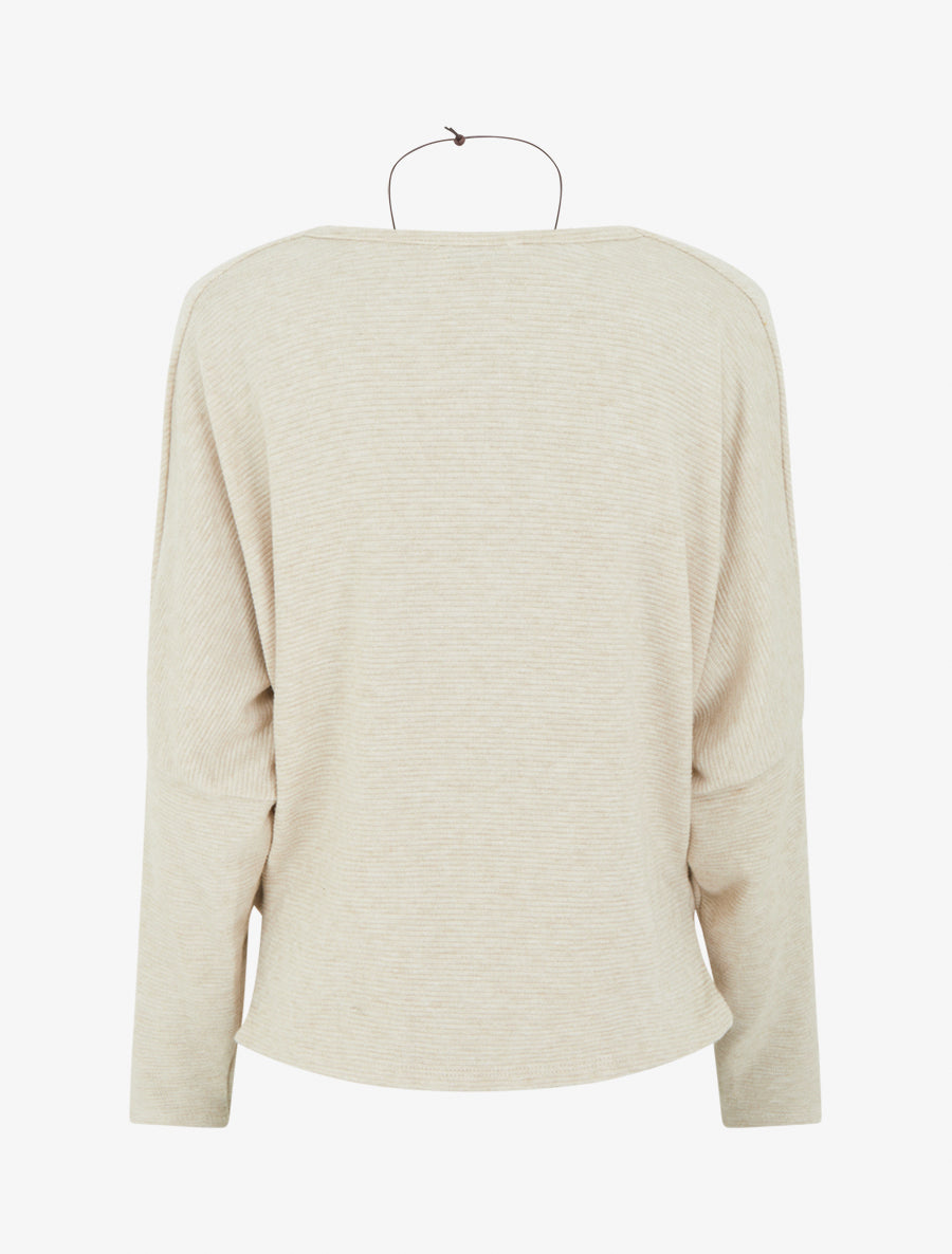 Pull côtelé à manches chauve-souris et col bénitier - Beige - 2