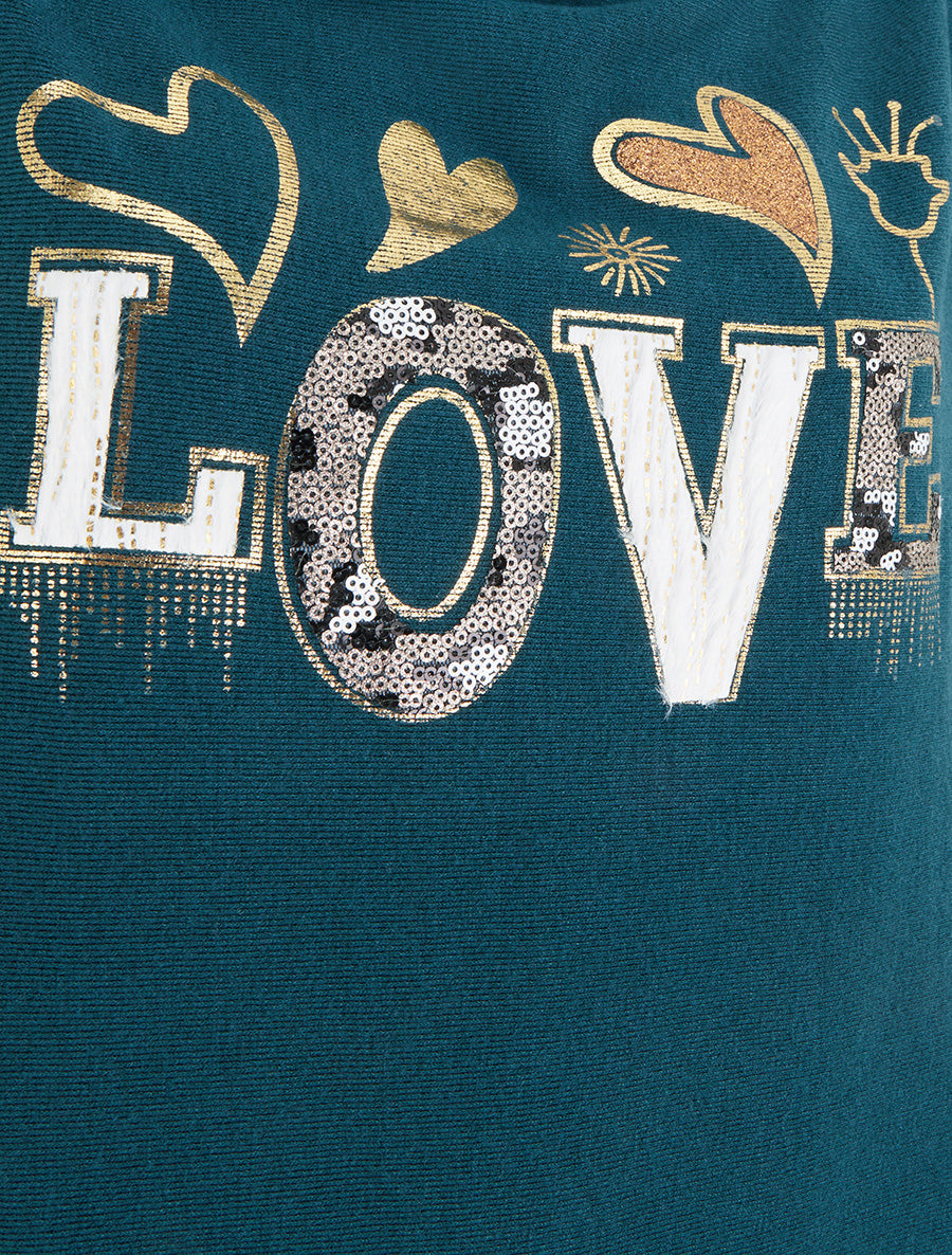 Pull à col bénitier et inscription LOVE - Bleu canard - 3