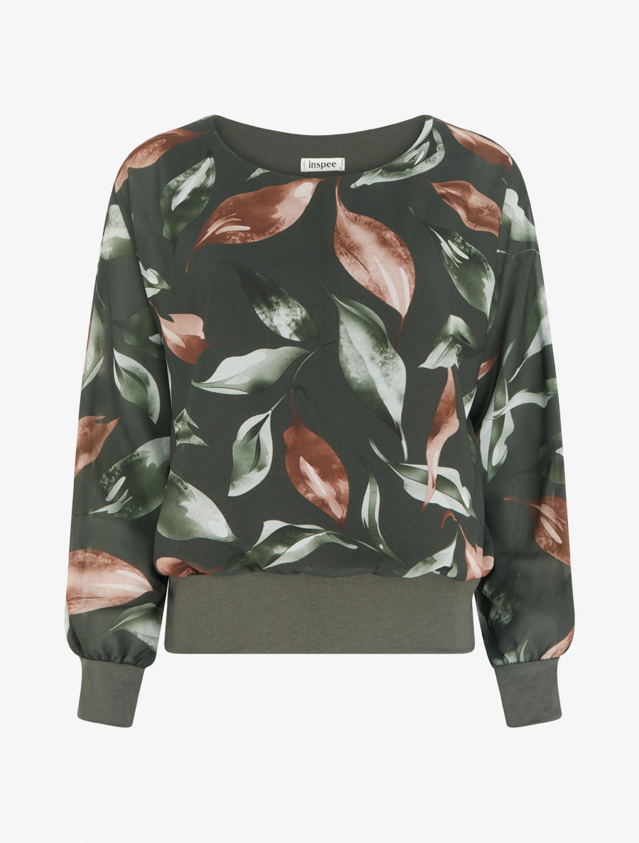 Top boule imprimé feuilles à manches chauve-souris - Kaki foncé - 1