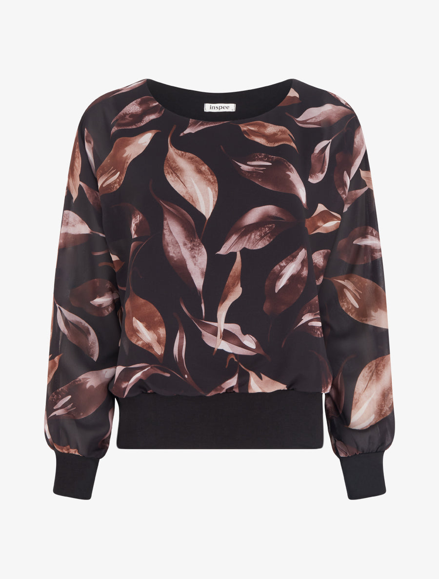 Top boule imprimé feuilles à manches chauve-souris - Noir - 1