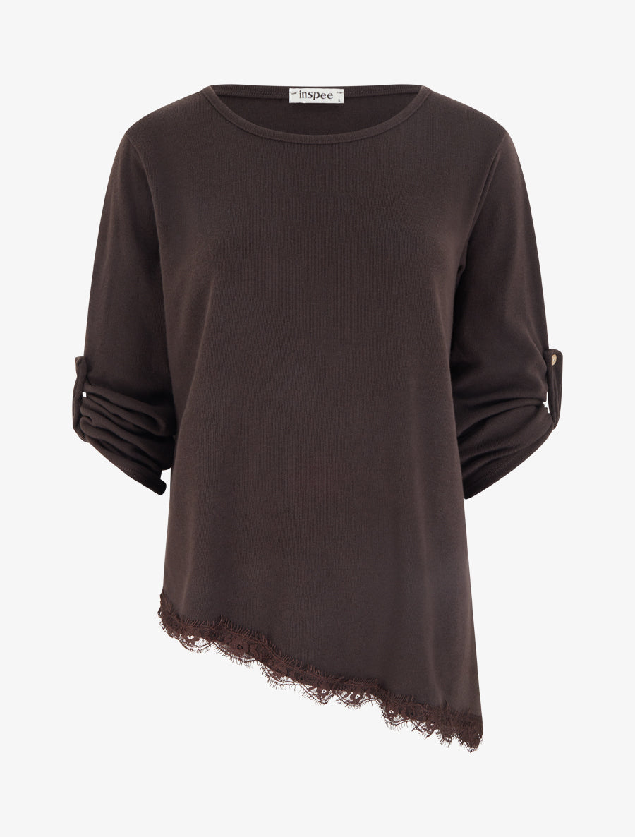 Pull à bords asymétriques et dentelle - Marron - 1