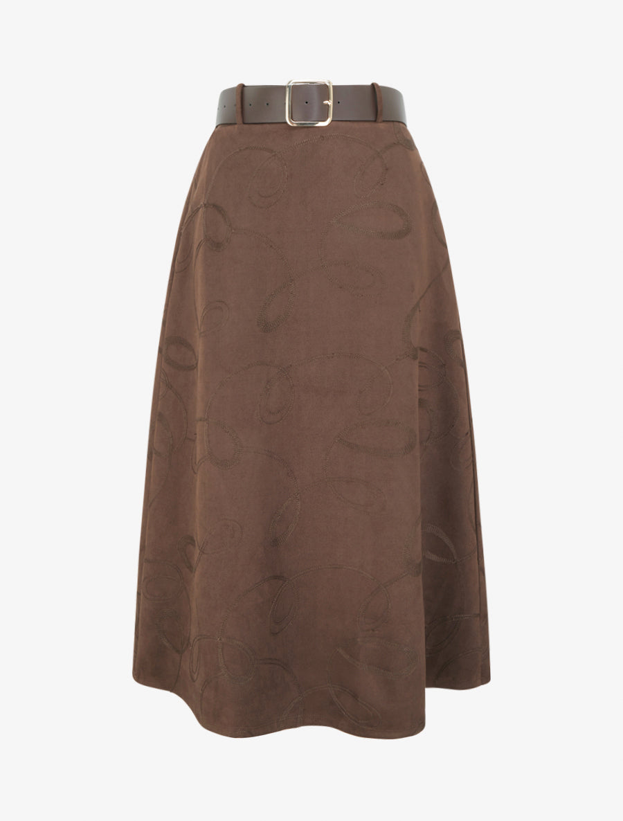 Jupe longue en suédine à broderies fantaisies - Chocolat - 1