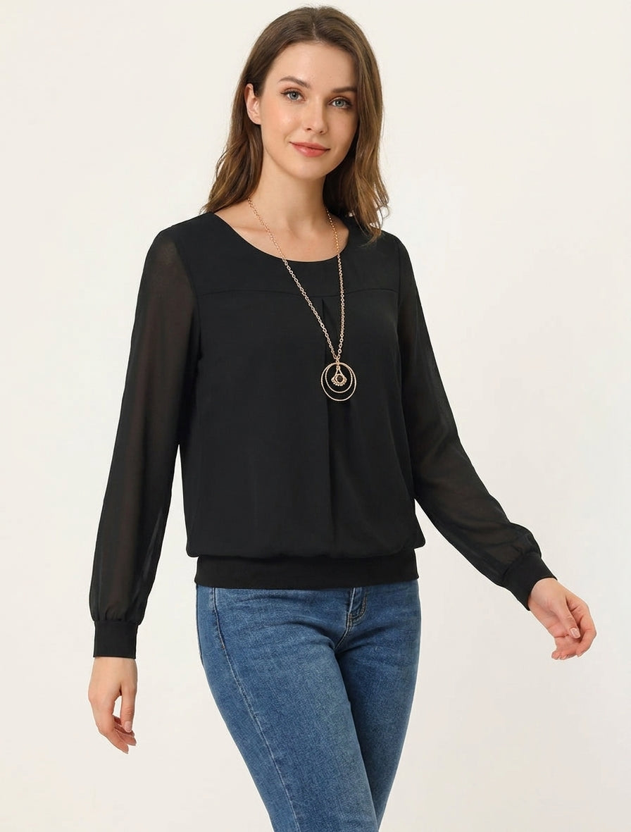 Maglia in voile a collo tondo e maniche lunghe - Nero