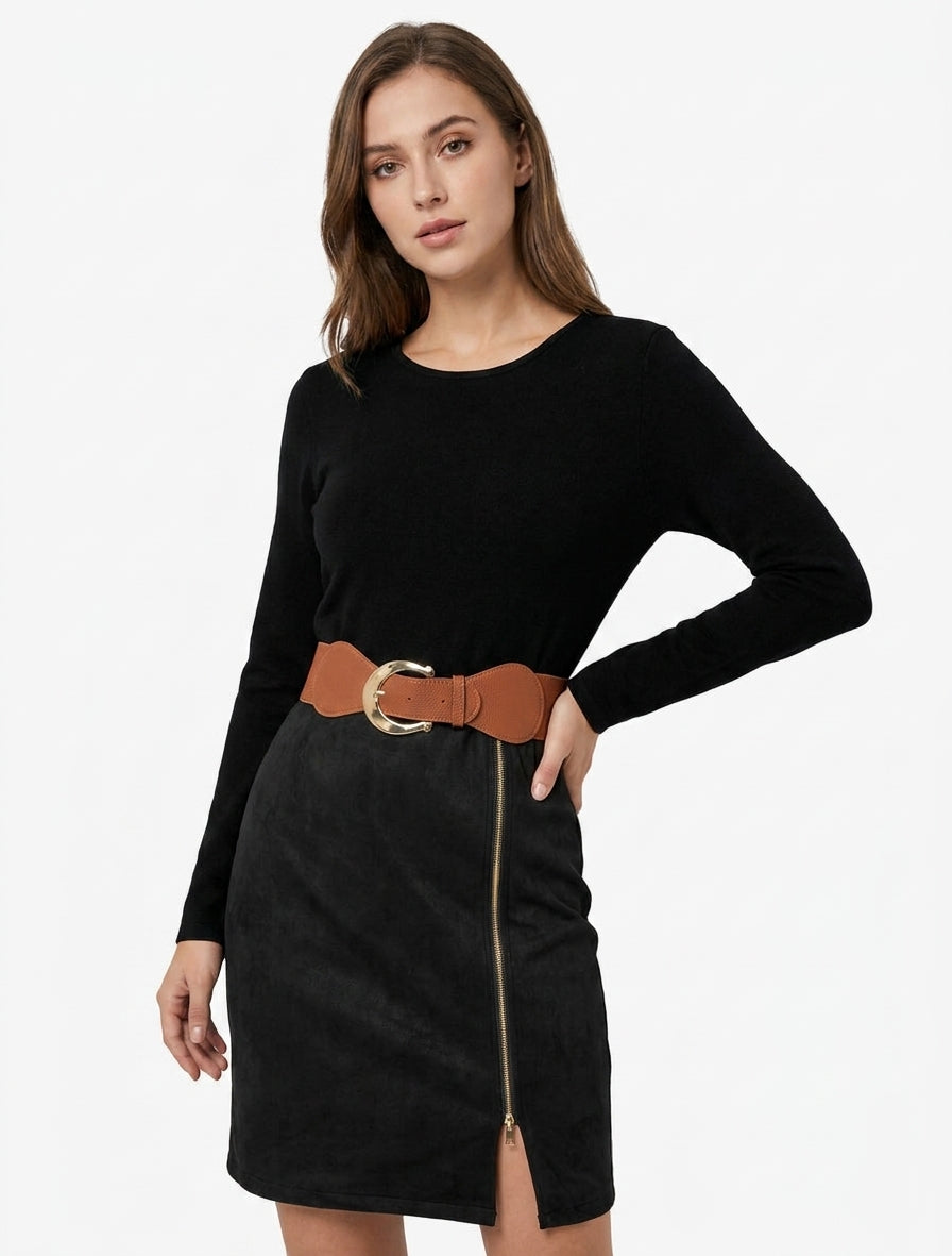 Abito dritto in maglia e scamosciato con maniche lunghe e zip - Nero