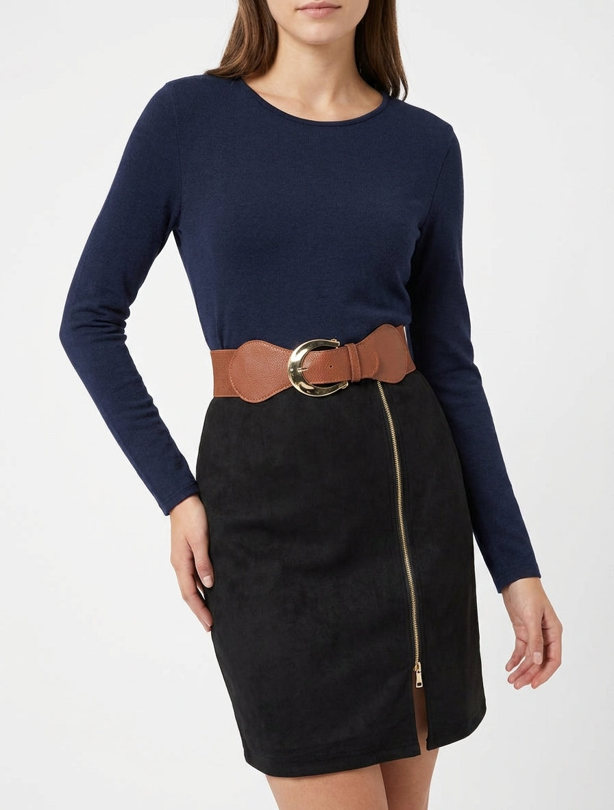 Abito dritto in maglia e scamosciato con maniche lunghe e zip - Marine/nero