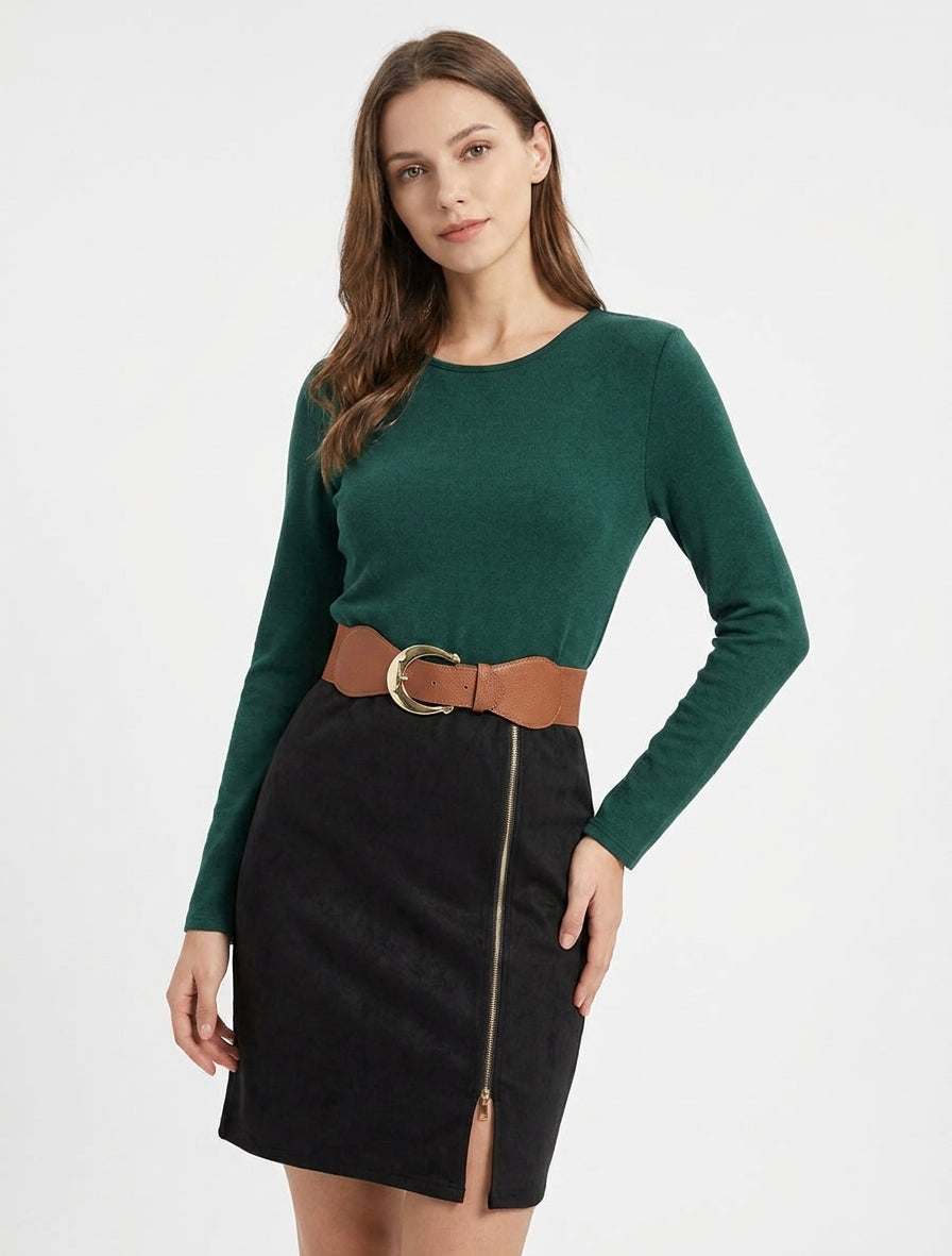 Abito dritto in maglia e scamosciato con maniche lunghe e zip - Verde scuro