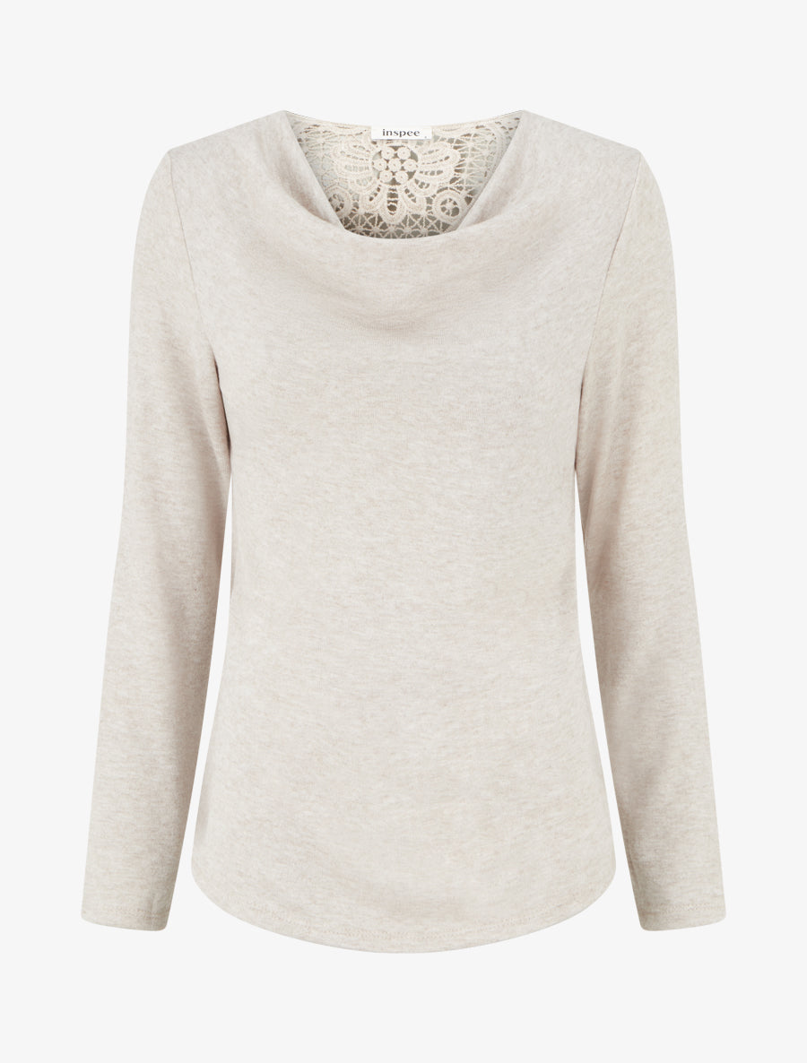 Pull fin uni à dos brodé - Beige - 1