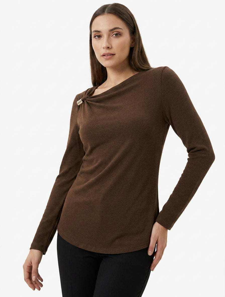 Maglione leggero con inserto gioiello - Marrone