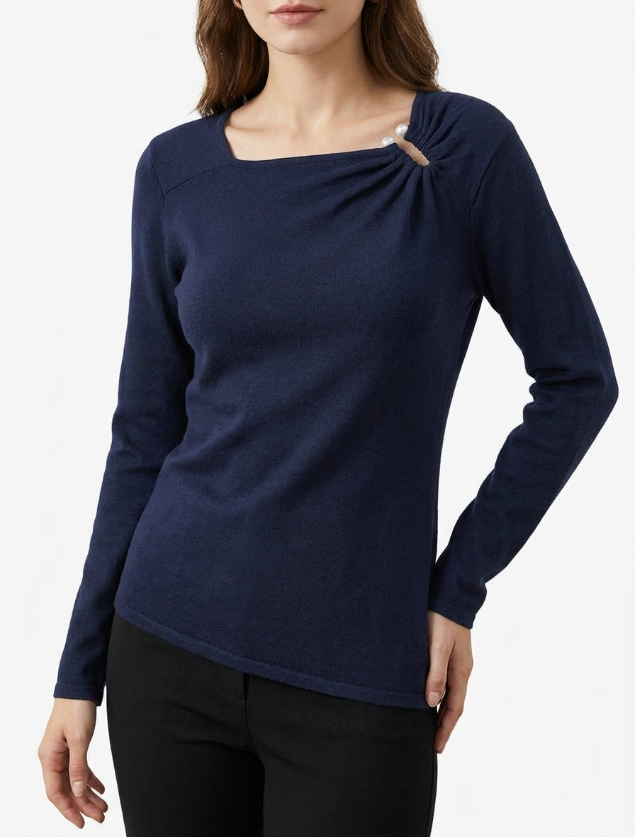 Maglia sottile dritta con scollo quadrato con perle gioiello - Marina