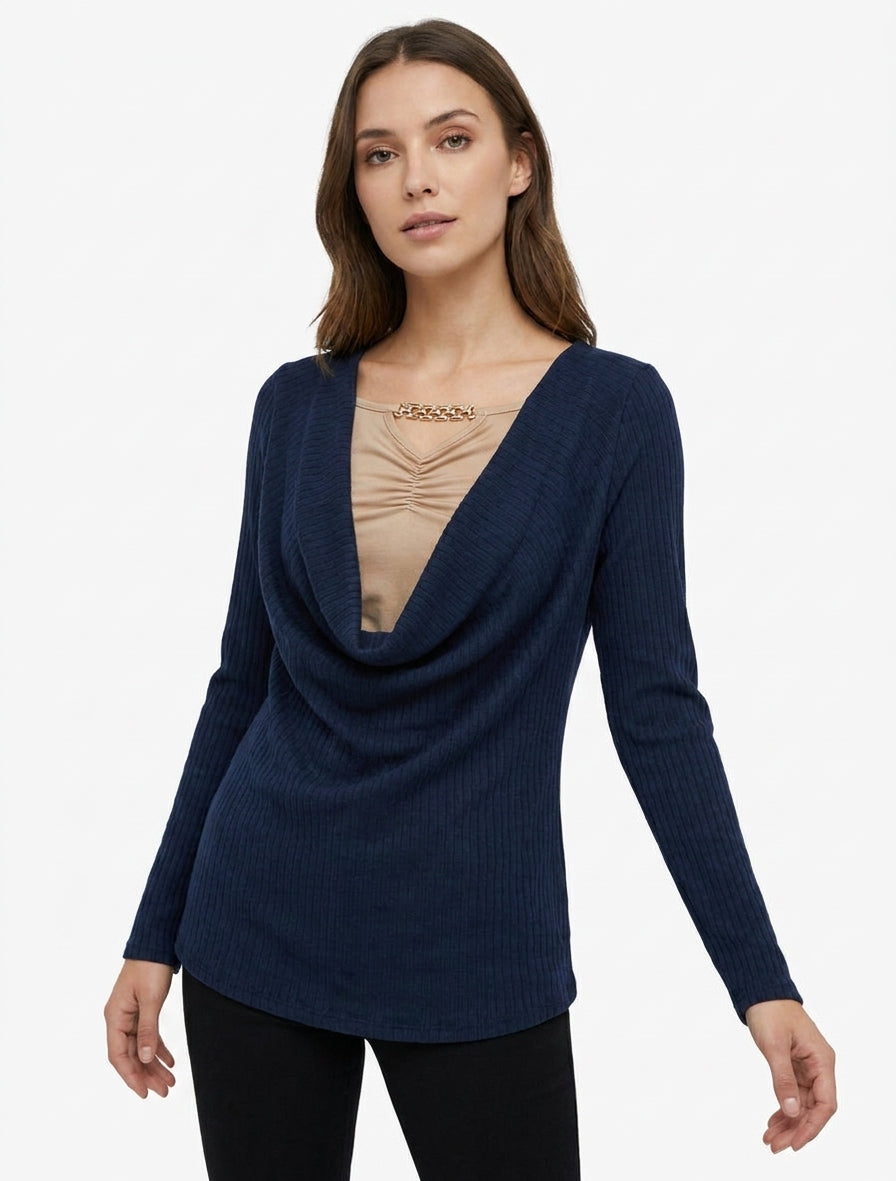 Maglione a coste con collo a cascata e gioiello - Marina