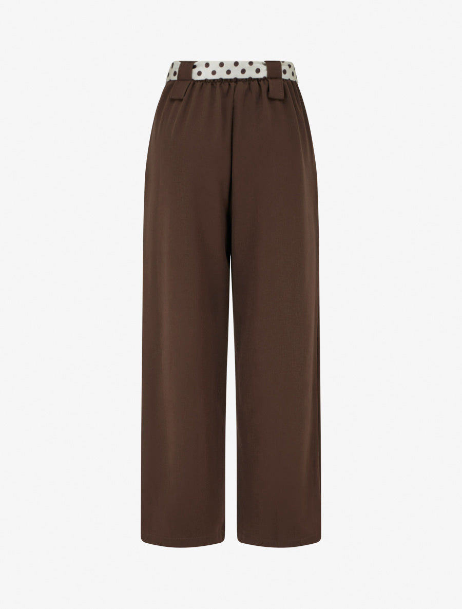Pantalon uni ceinture satinée imprimée - Marron - 2