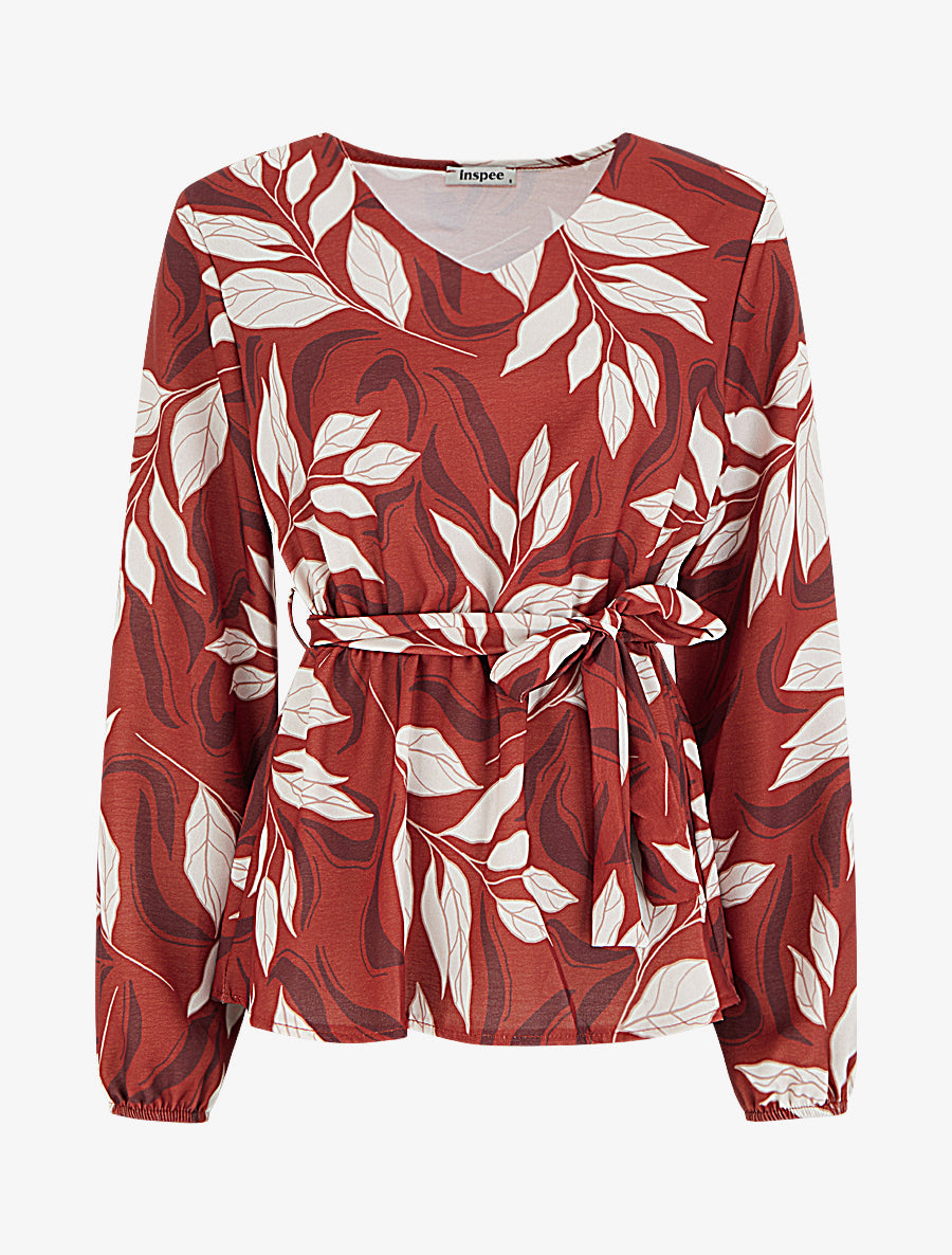 Blouse élastiquée à imprimé feuillage - Rouge - 1