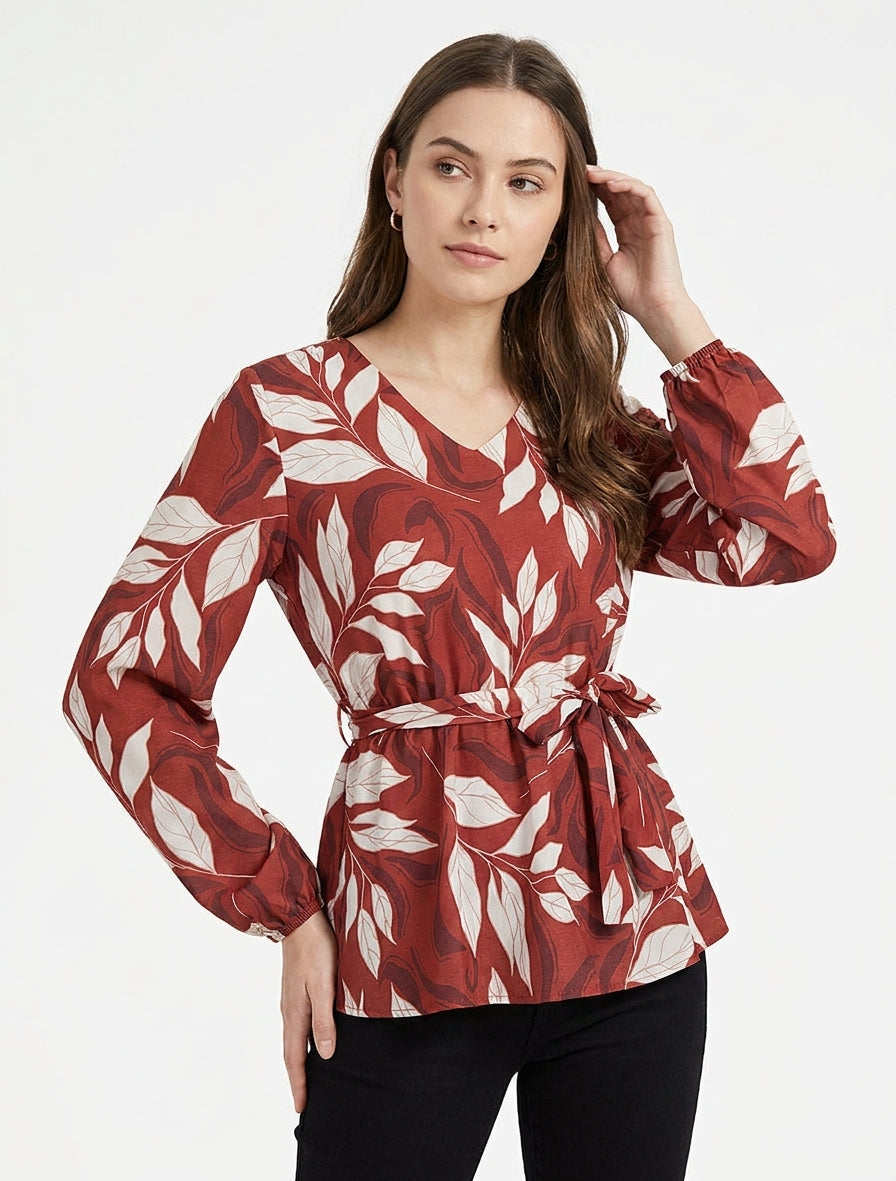 Blusa elasticizzata con stampa fogliame - Rosso