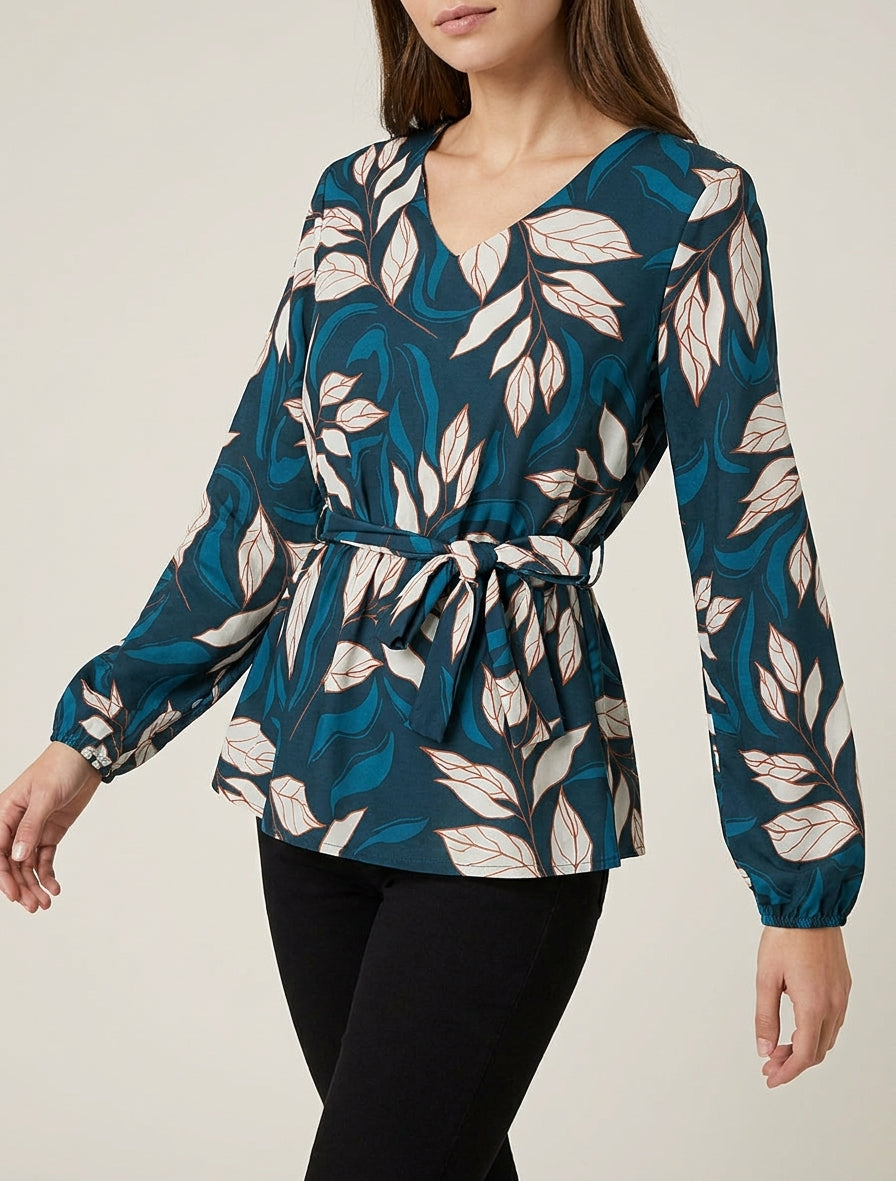 Blusa elasticizzata con stampa fogliame - Blu petrolio